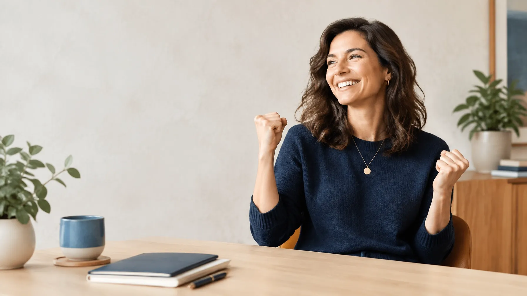 Delighted business founder celebrating a win at a clean, modern workspace